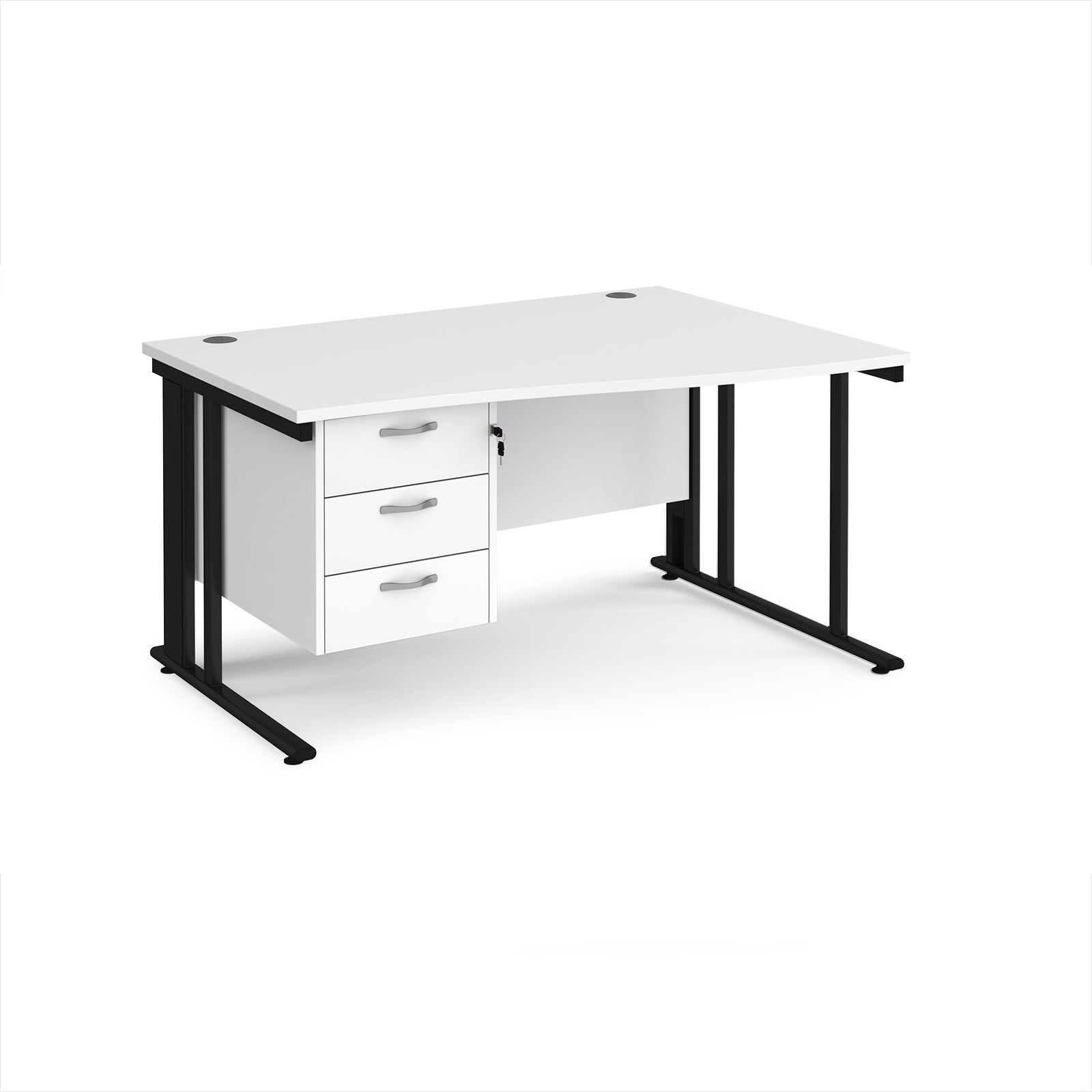 Wave desk with white top and matching pedestal with black frame on a white background