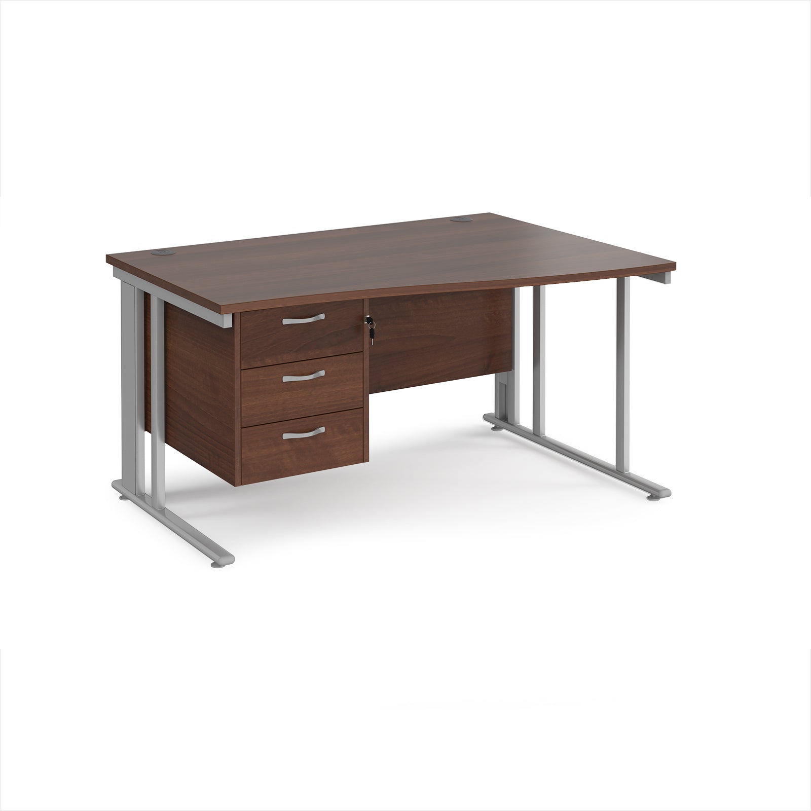 Wave desk with wood-effect top and matching pedestal with silver frame on a white background