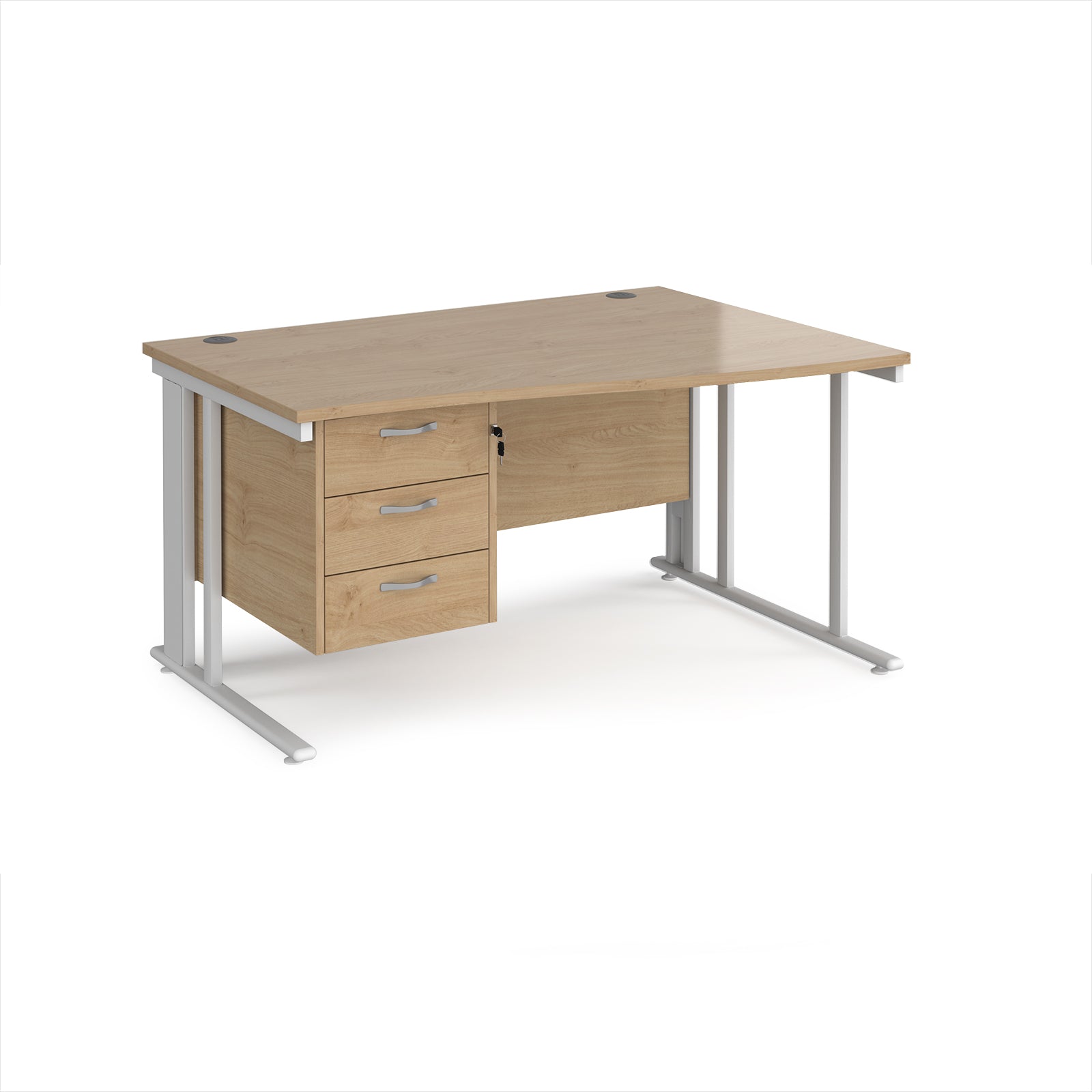 Wave desk with wood-effect top and matching pedestal with white frame on a white background