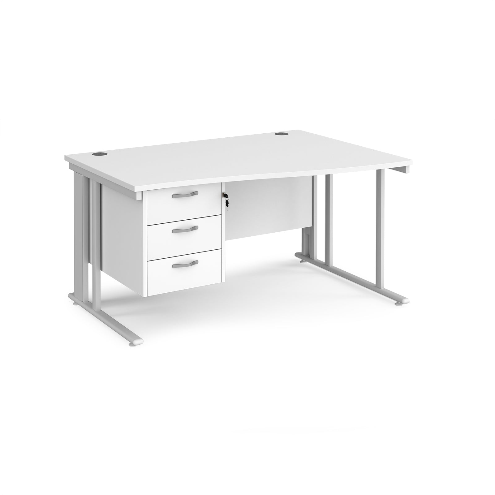 White wave desk with pedestal and metal frame on a white background