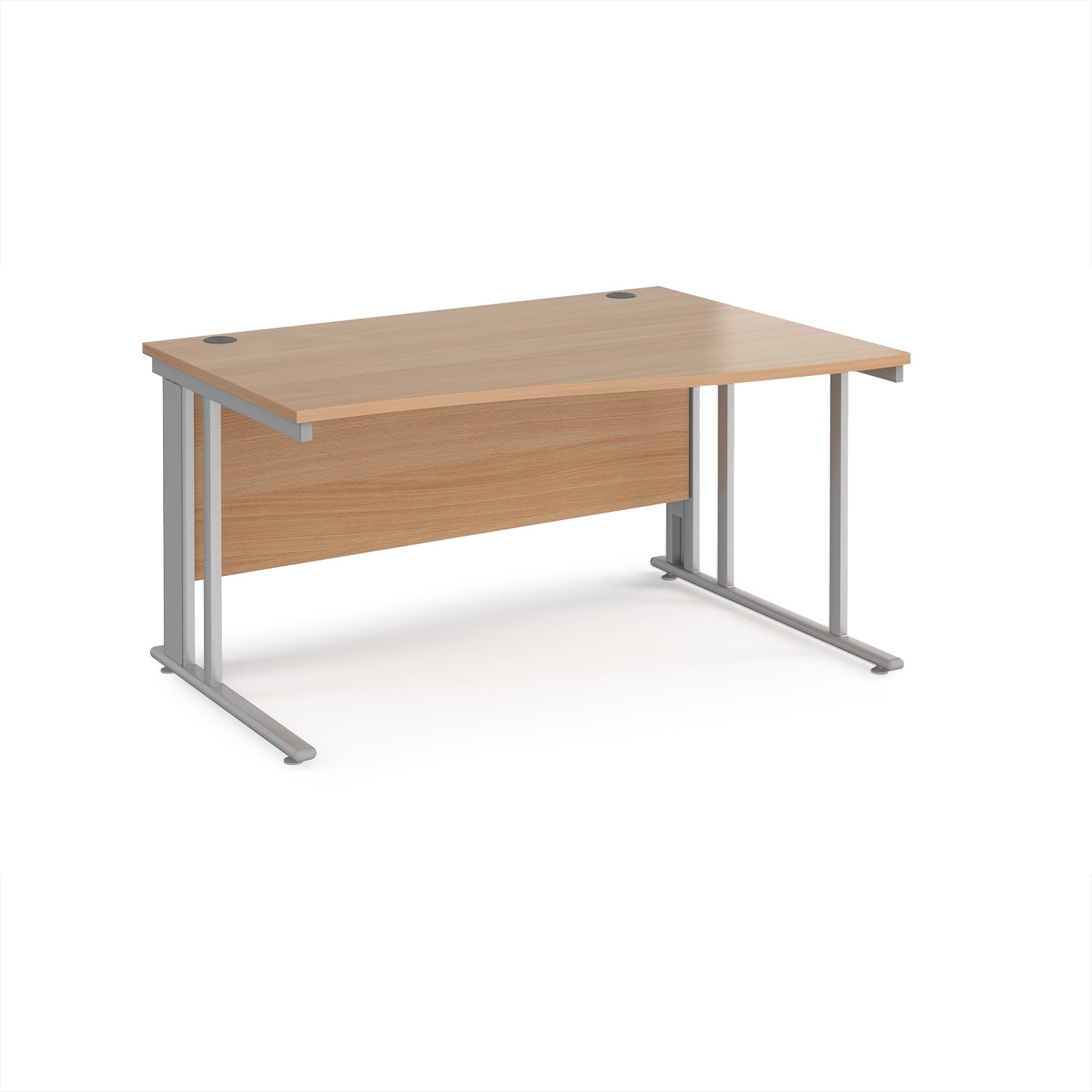 Wave desk with wood-effect top and silver metal frame on a white background
