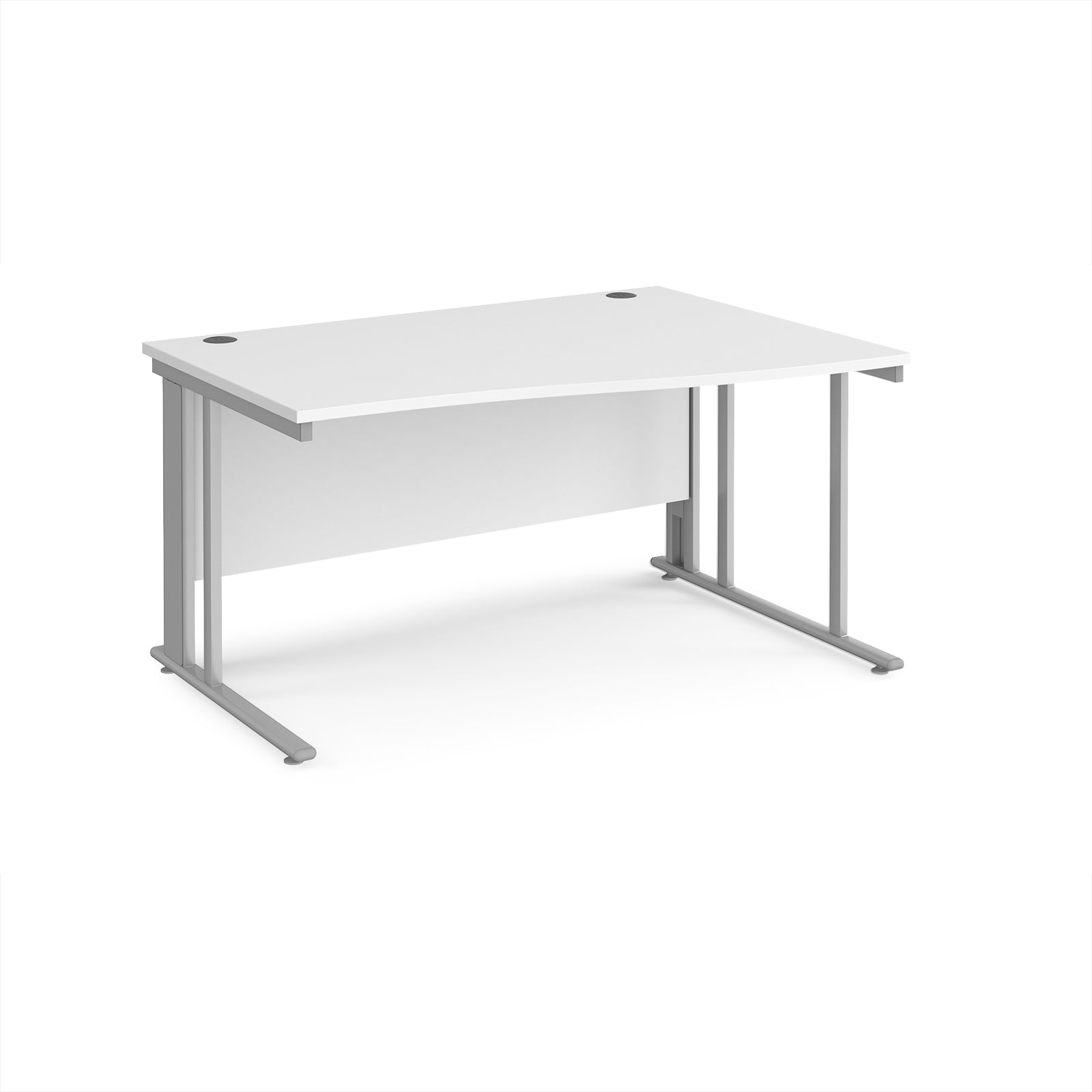 Wave desk with white top and silver metal frame on a white background
