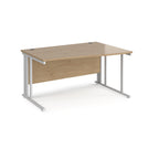 Wave desk with wood-effect top and white metal frame on a white background