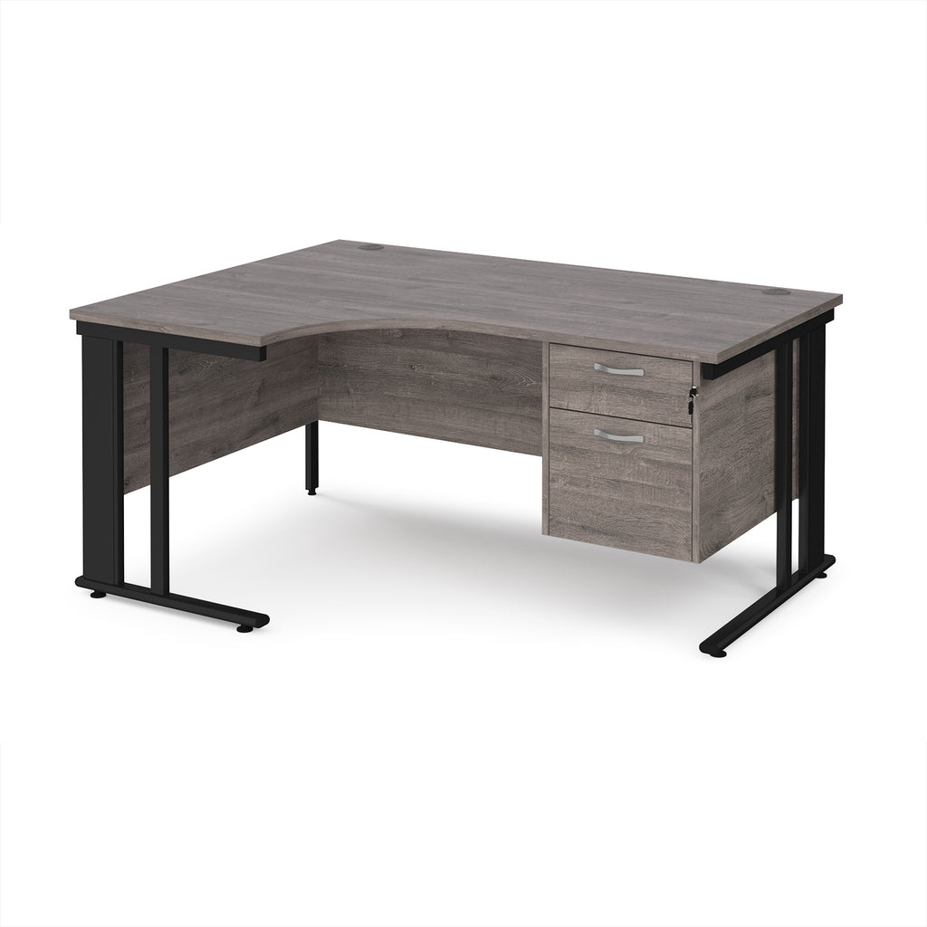 Ergonomic desk with wood-effect top and fixed 2 drawer pedestal with metal frame on a white background