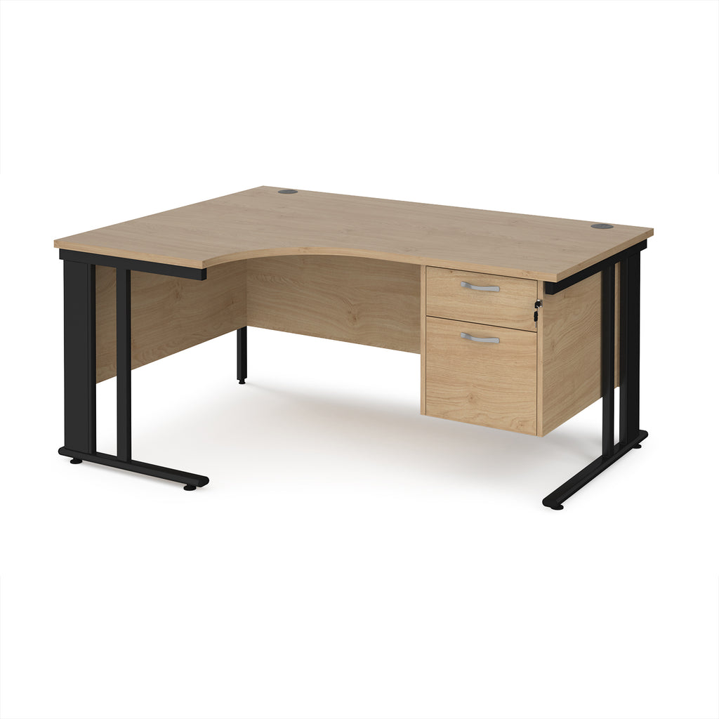 Ergonomic desk with wood-effect top and fixed 2 drawer pedestal with metal frame on a white background