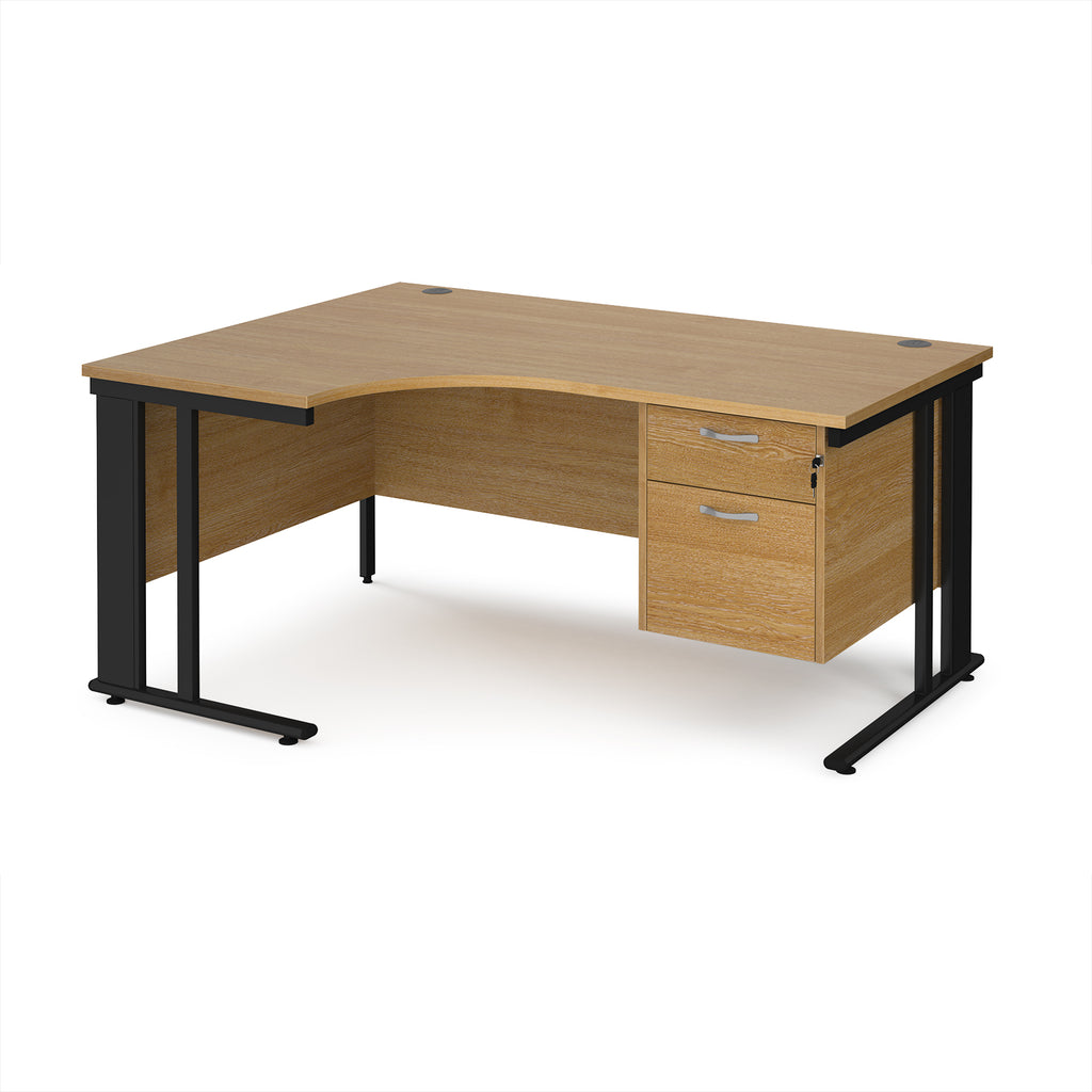 Ergonomic desk with wood-effect top and fixed 2 drawer pedestal with metal frame on a white background
