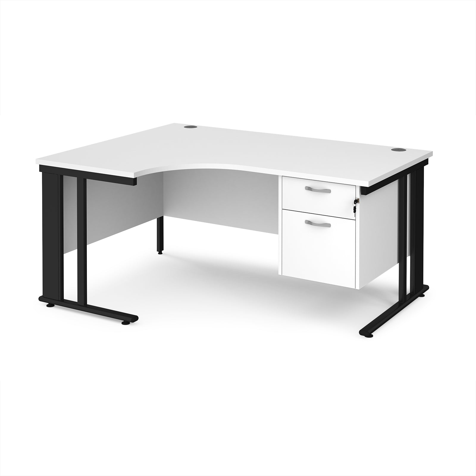 Ergonomic desk with white top and fixed 2 drawer pedestal with metal frame on a white background