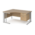 Ergonomic desk with wood-effect top and fixed 2 drawer pedestal with metal frame on a white background