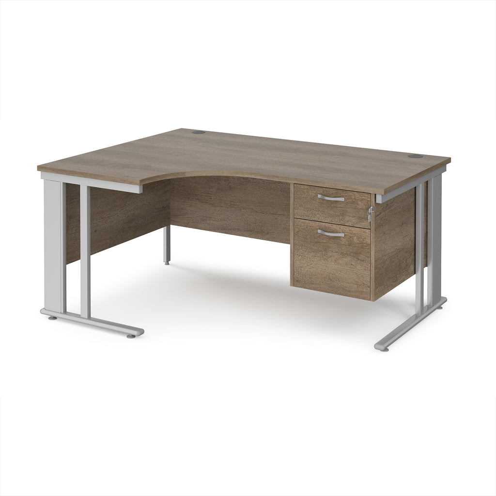 Ergonomic desk with wood-effect top and fixed 2 drawer pedestal with metal frame on a white background