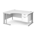 Ergonomic desk with white top and fixed 2 drawer pedestal with metal frame on a white background