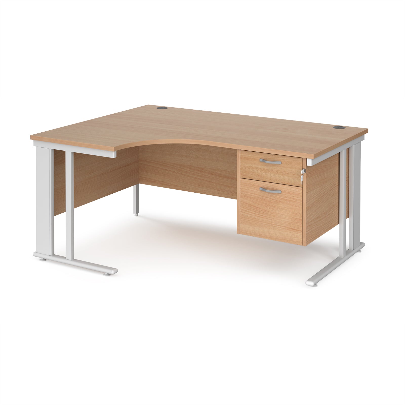 Ergonomic desk with wood-effect top and fixed 2 drawer pedestal with metal frame on a white background
