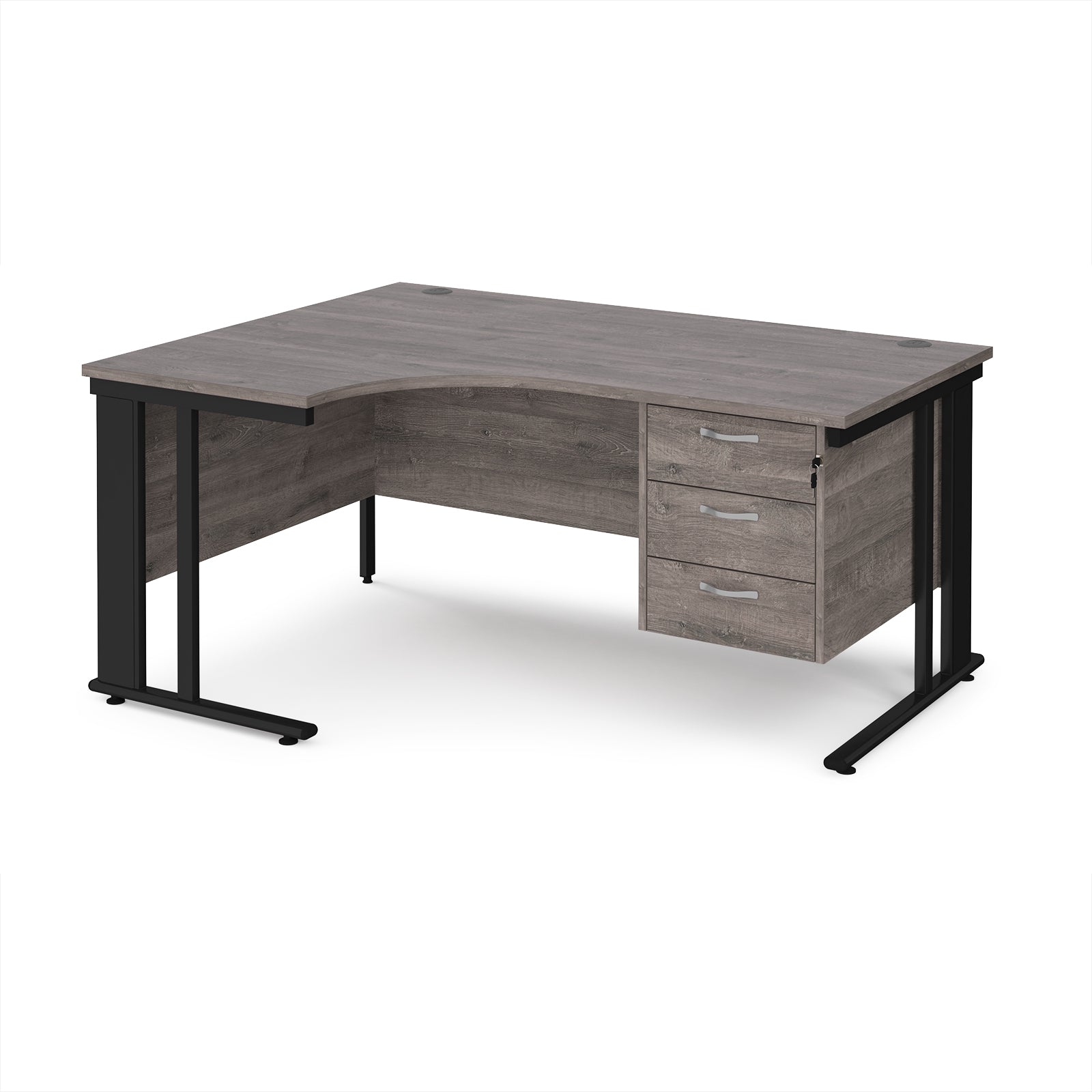 Ergonomic desk with wood-effect top and fixed 3 drawer pedestal with metal frame on a white background