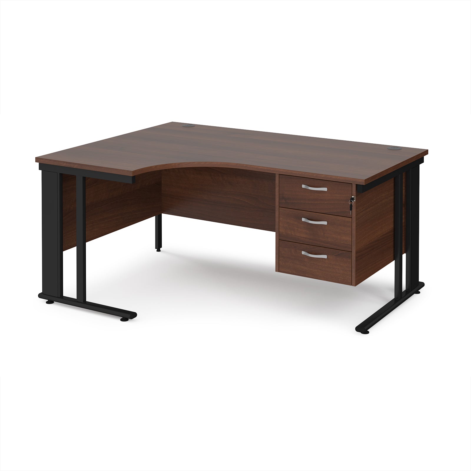 Ergonomic desk with wood-effect top and fixed 3 drawer pedestal with metal frame on a white background