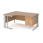 Ergonomic desk with wood-effect top and fixed 3 drawer pedestal with metal frame on a white background