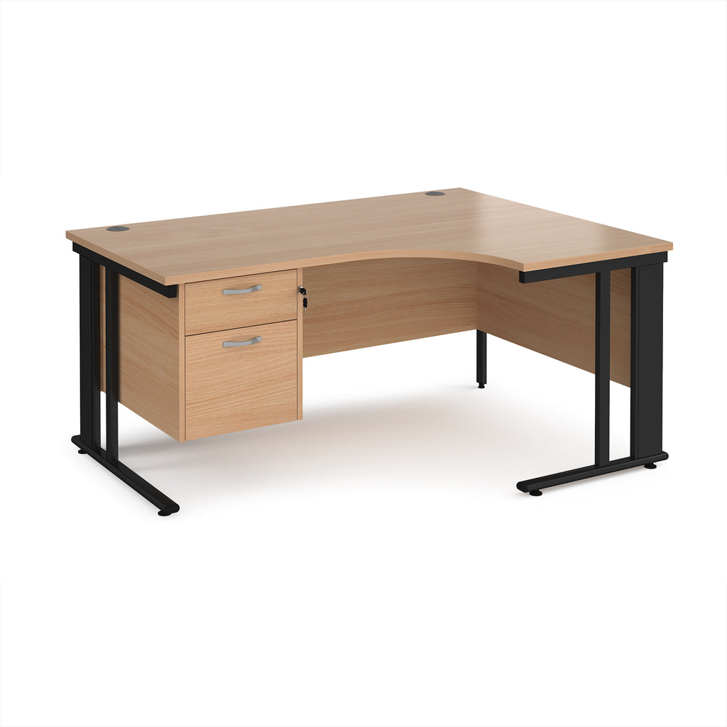 Ergonomic desk with wood-effect top and fixed 2 drawer pedestal with metal frame on a white background