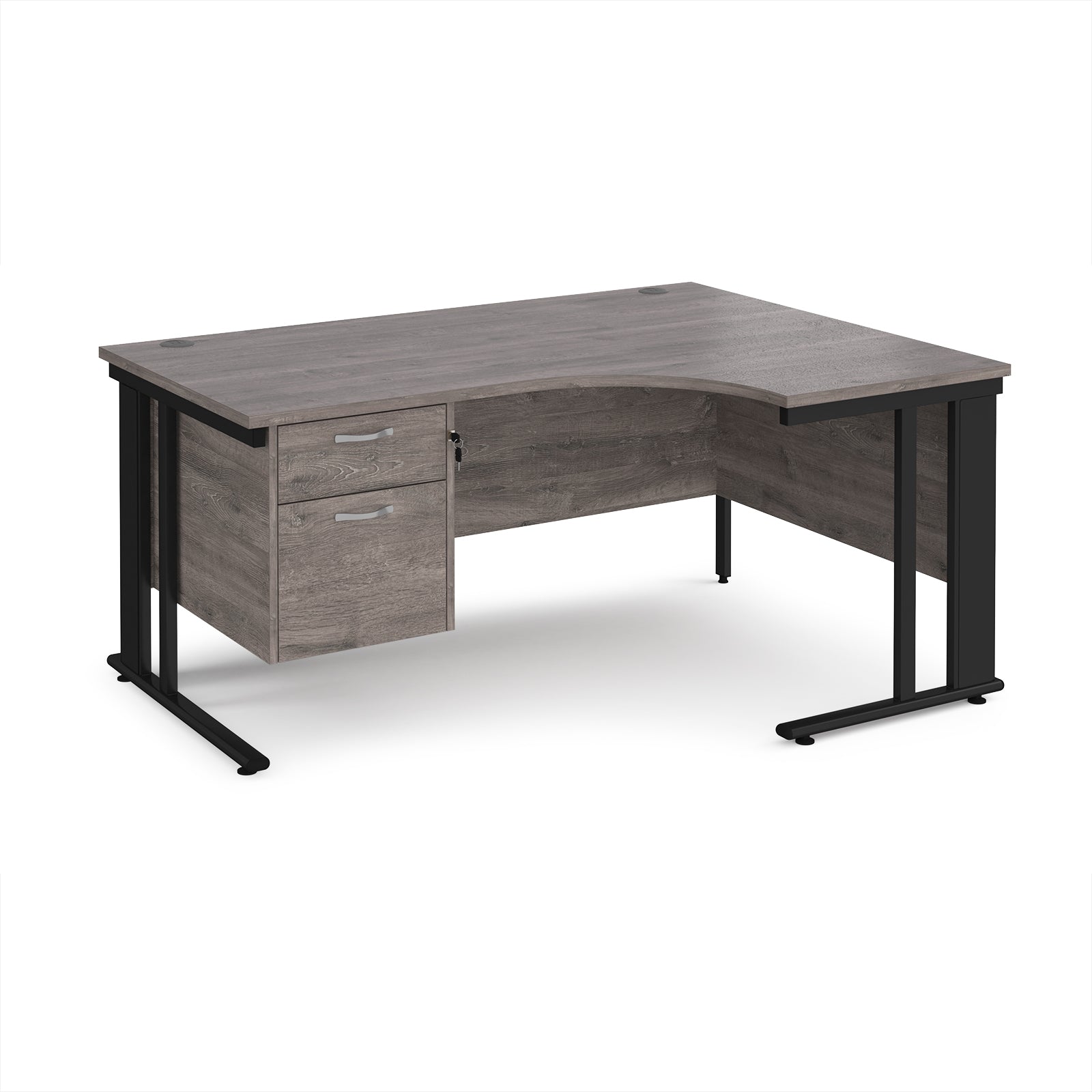 Ergonomic desk with wood-effect top and fixed 2 drawer pedestal with metal frame on a white background
