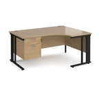 Ergonomic desk with wood-effect top and fixed 2 drawer pedestal with metal frame on a white background