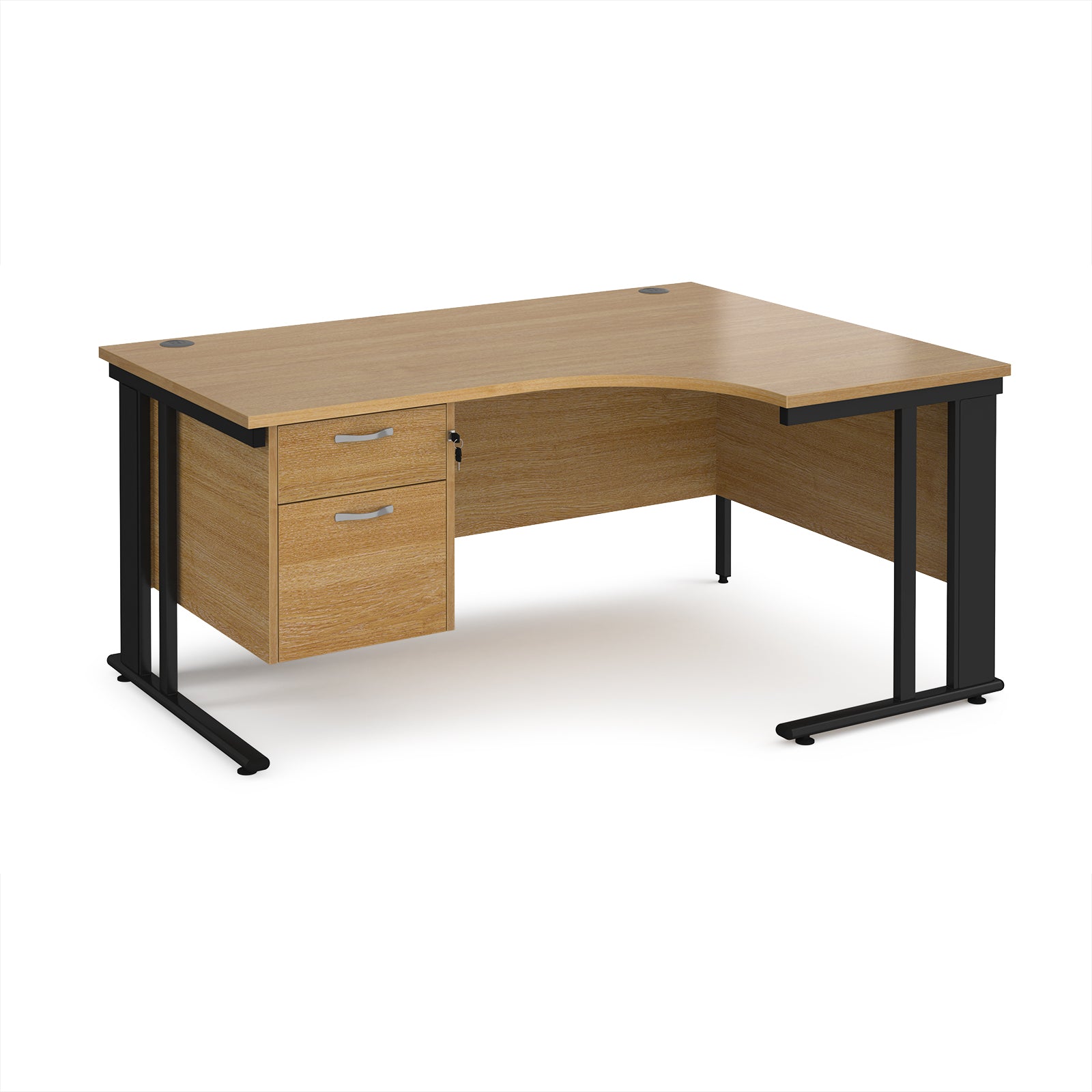 Ergonomic desk with wood-effect top and fixed 2 drawer pedestal with metal frame on a white background