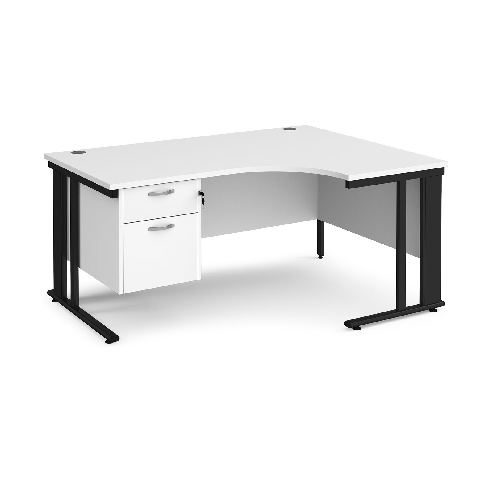Ergonomic desk with white top and fixed 2 drawer pedestal with metal frame on a white background