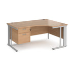 Ergonomic desk with wood-effect top and fixed 2 drawer pedestal with metal frame on a white background