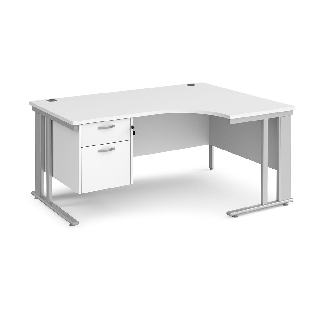 Ergonomic desk with white top and fixed 2 drawer pedestal with metal frame on a white background