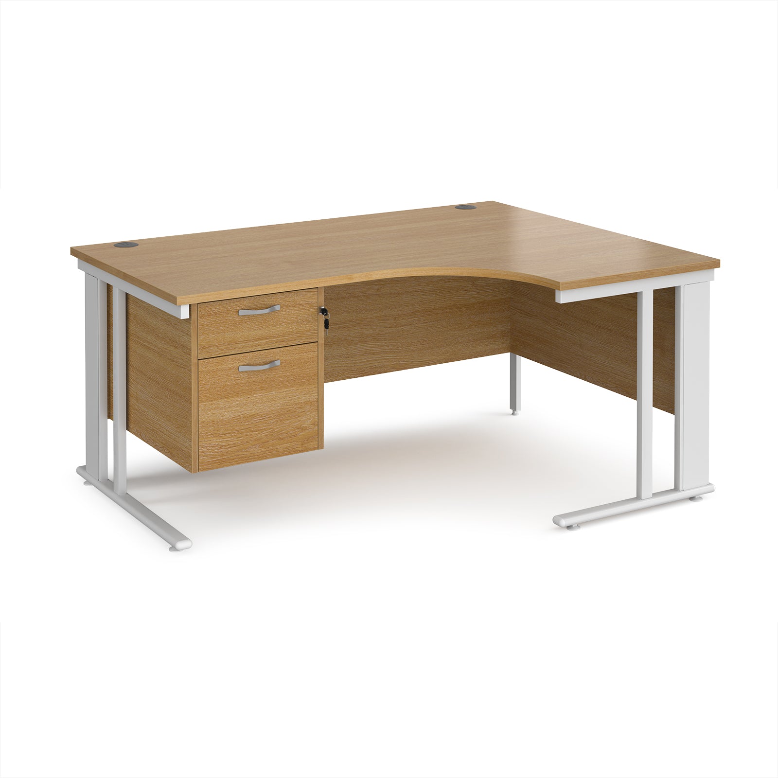Ergonomic desk with wood-effect top and fixed 2 drawer pedestal with metal frame on a white background