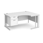 White ergonomic desk with fixed 2 drawer pedestal with metal frame on a white background
