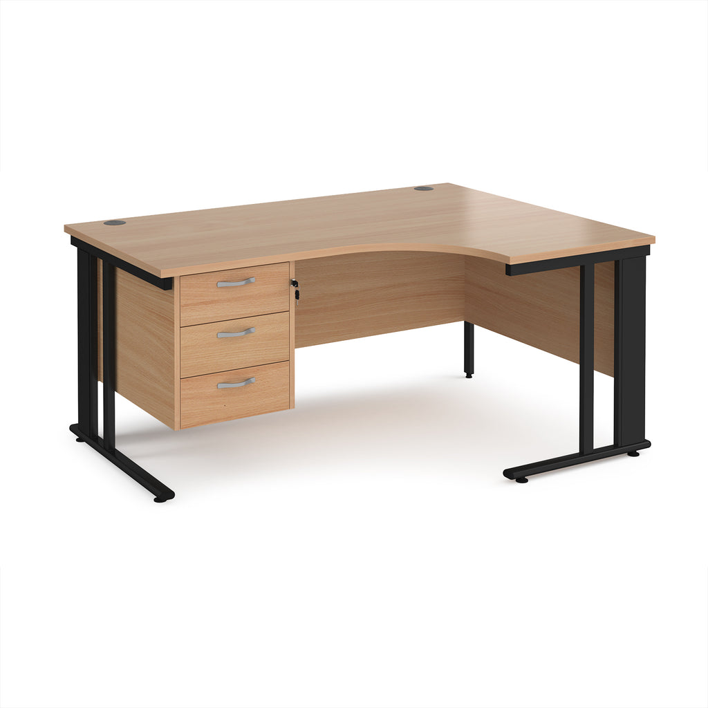 Ergonomic desk with wood-effect top and fixed 3 drawer pedestal with metal frame on a white background