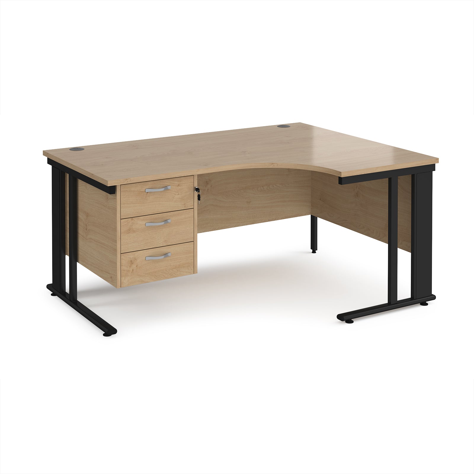 Ergonomic desk with wood-effect top and fixed 3 drawer pedestal with metal frame on a white background