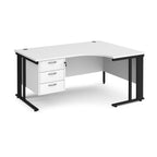 Ergonomic desk with white top and fixed 3 drawer pedestal with metal frame on a white background