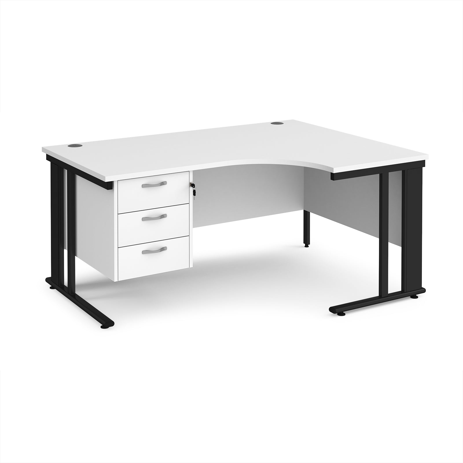 Ergonomic desk with white top and fixed 3 drawer pedestal with metal frame on a white background