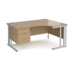 Ergonomic desk with wood-effect top and fixed 3 drawer pedestal with metal frame on a white background