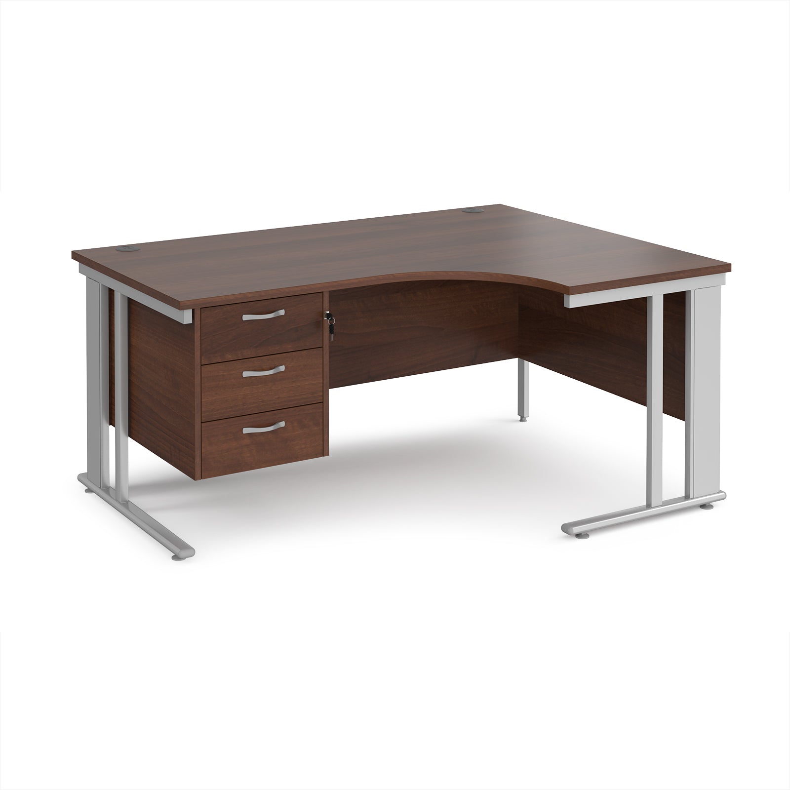 Ergonomic desk with wood-effect top and fixed 3 drawer pedestal with metal frame on a white background
