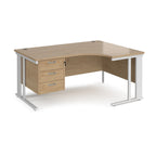 Ergonomic desk with wood-effect top and fixed 3 drawer pedestal with metal frame on a white background