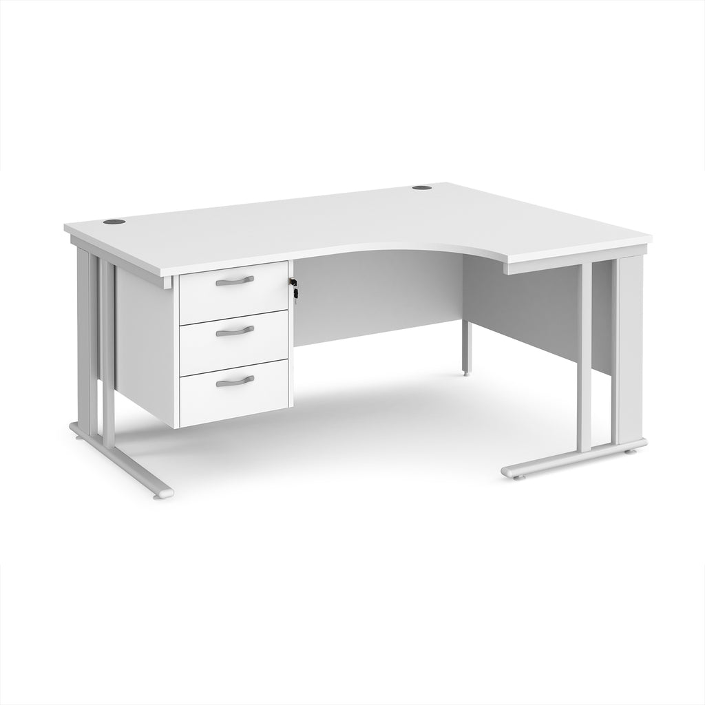 White ergonomic desk with fixed 3 drawer pedestal with metal frame on a white background