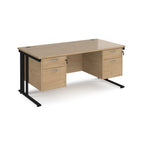 Office desk with wood-effect top, two matching pedestals and black legs on a white background