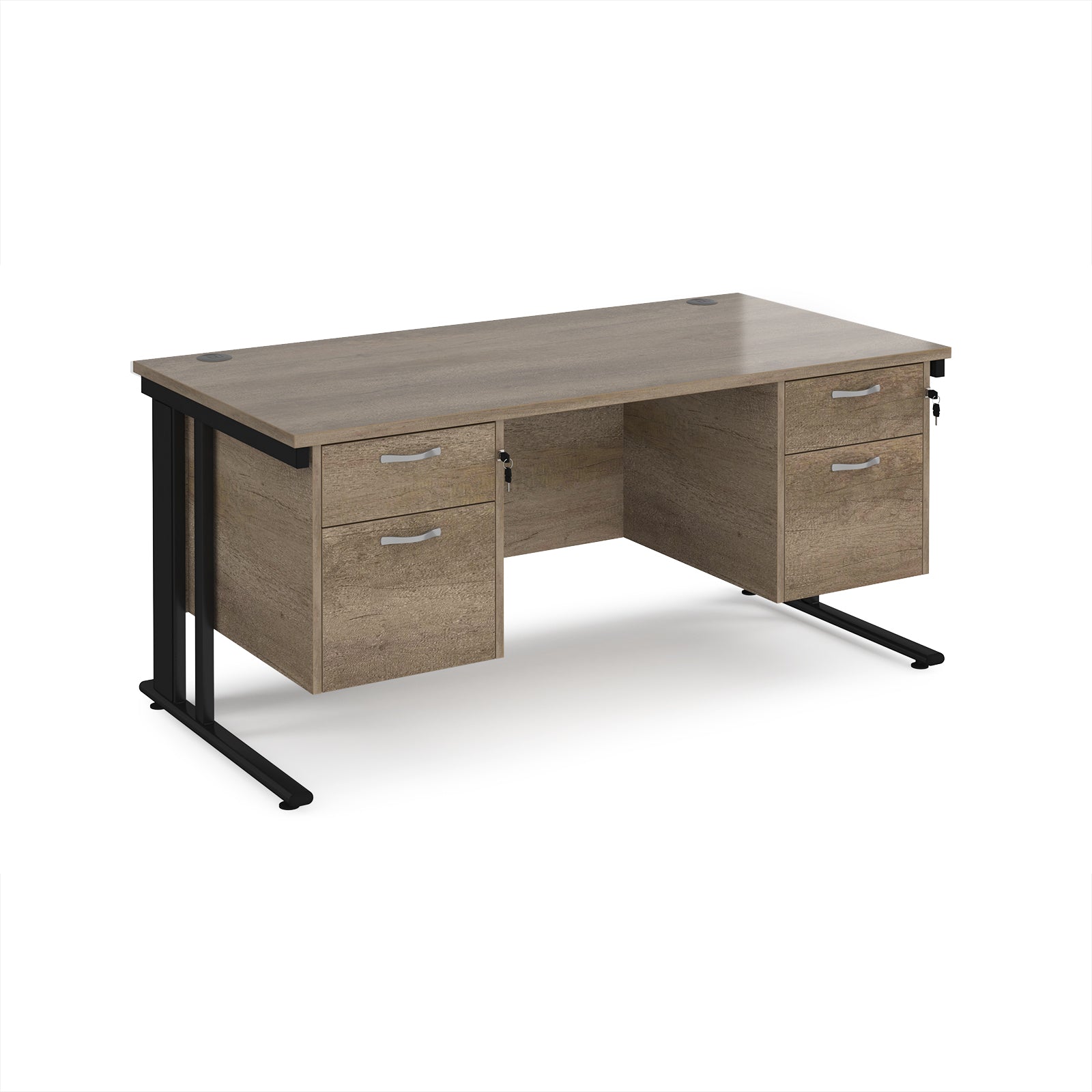 Office desk with wood-effect top, two matching pedestals and black legs on a white background