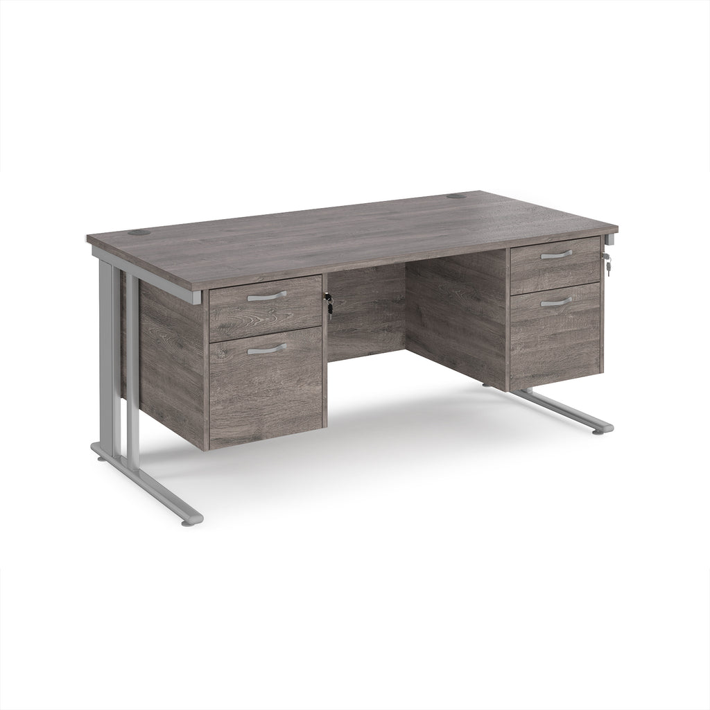 Office desk with grey wood-effect top, two matching pedestals and silver legs on a white background