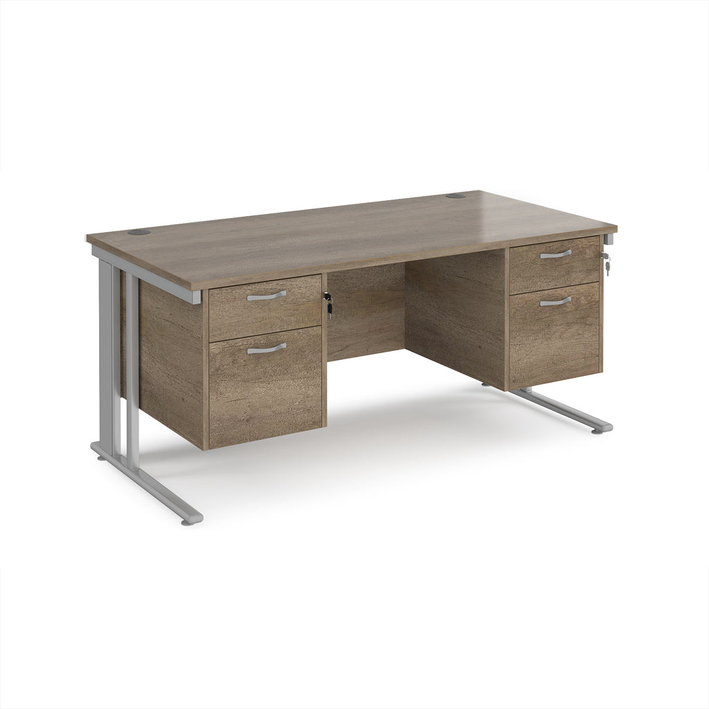 Office desk with wood-effect top, two matching pedestals and silver legs on a white background