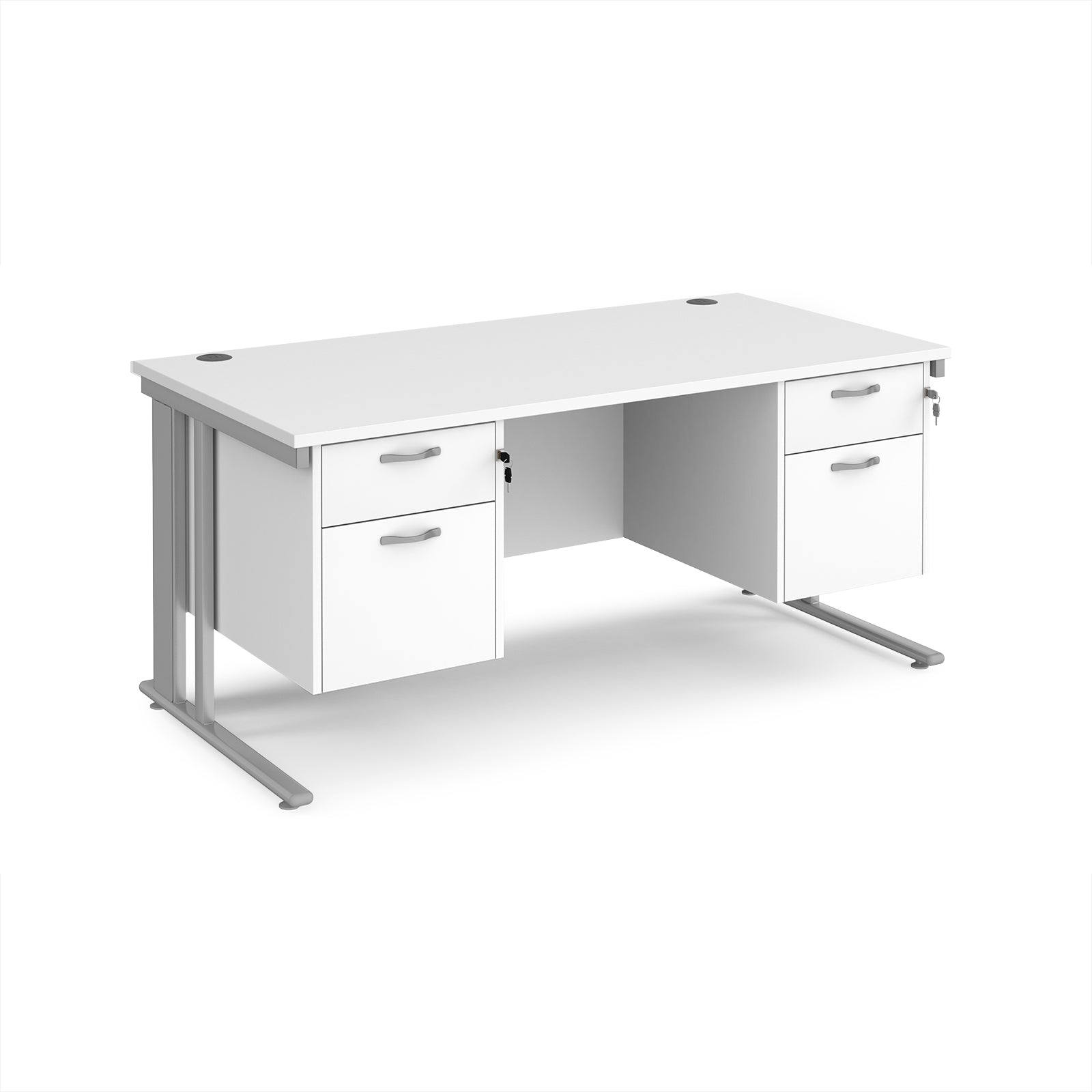 Office desk with white top, two matching pedestals and silver legs on a white background