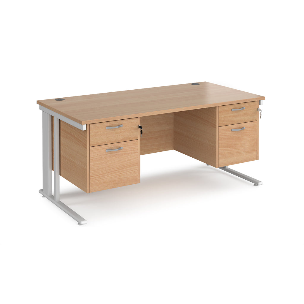 Office desk with wood-effect top, two matching pedestals and white legs on a white background