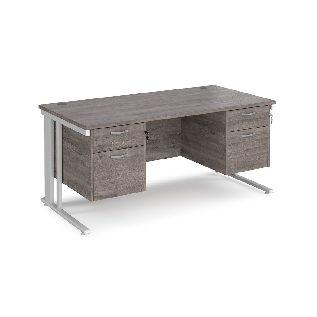 Office desk with grey wood-effect top, two matching pedestals and white legs on a white background