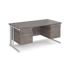 Office desk with grey wood-effect top, two matching pedestals and white legs on a white background