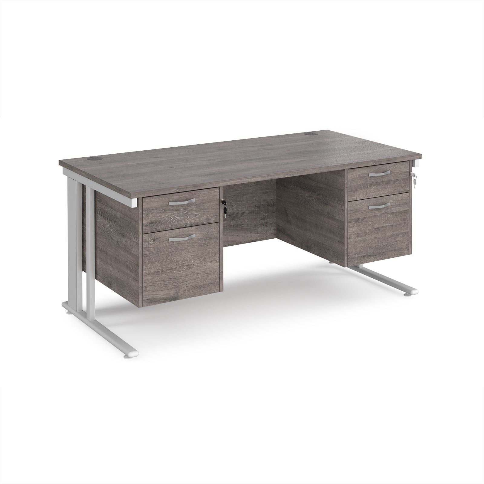 Office desk with grey wood-effect top, two matching pedestals and white legs on a white background
