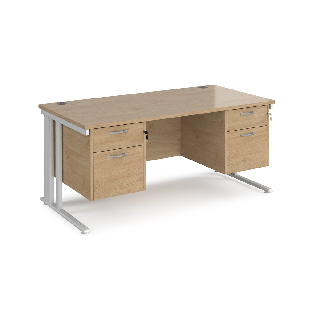 Office desk with wood-effect top, two matching pedestals and white legs on a white background