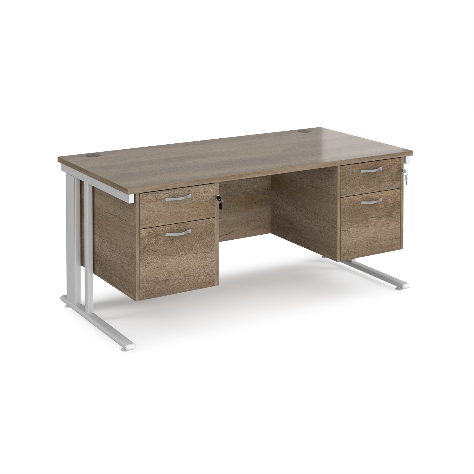 Office desk with wood-effect top, two matching pedestals and white legs on a white background
