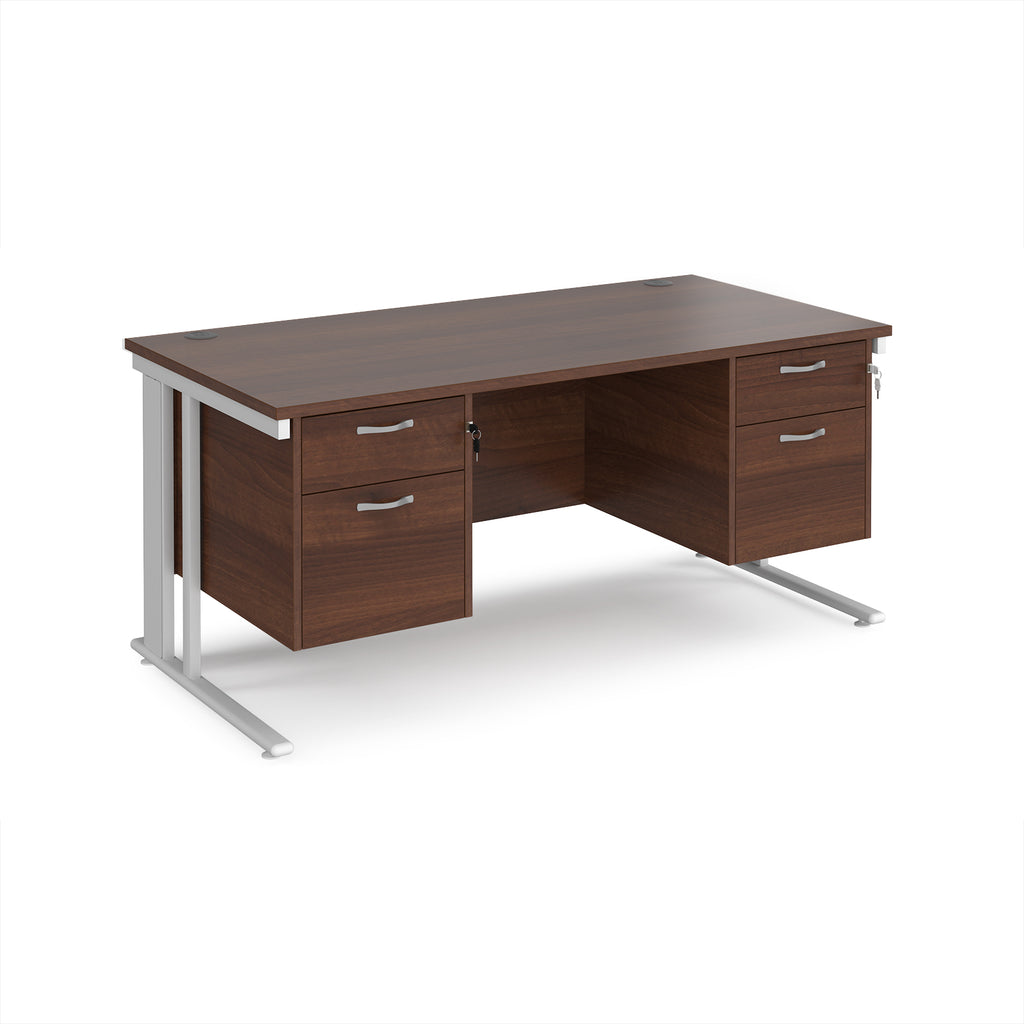 Office desk with wood-effect top, two matching pedestals and white legs on a white background