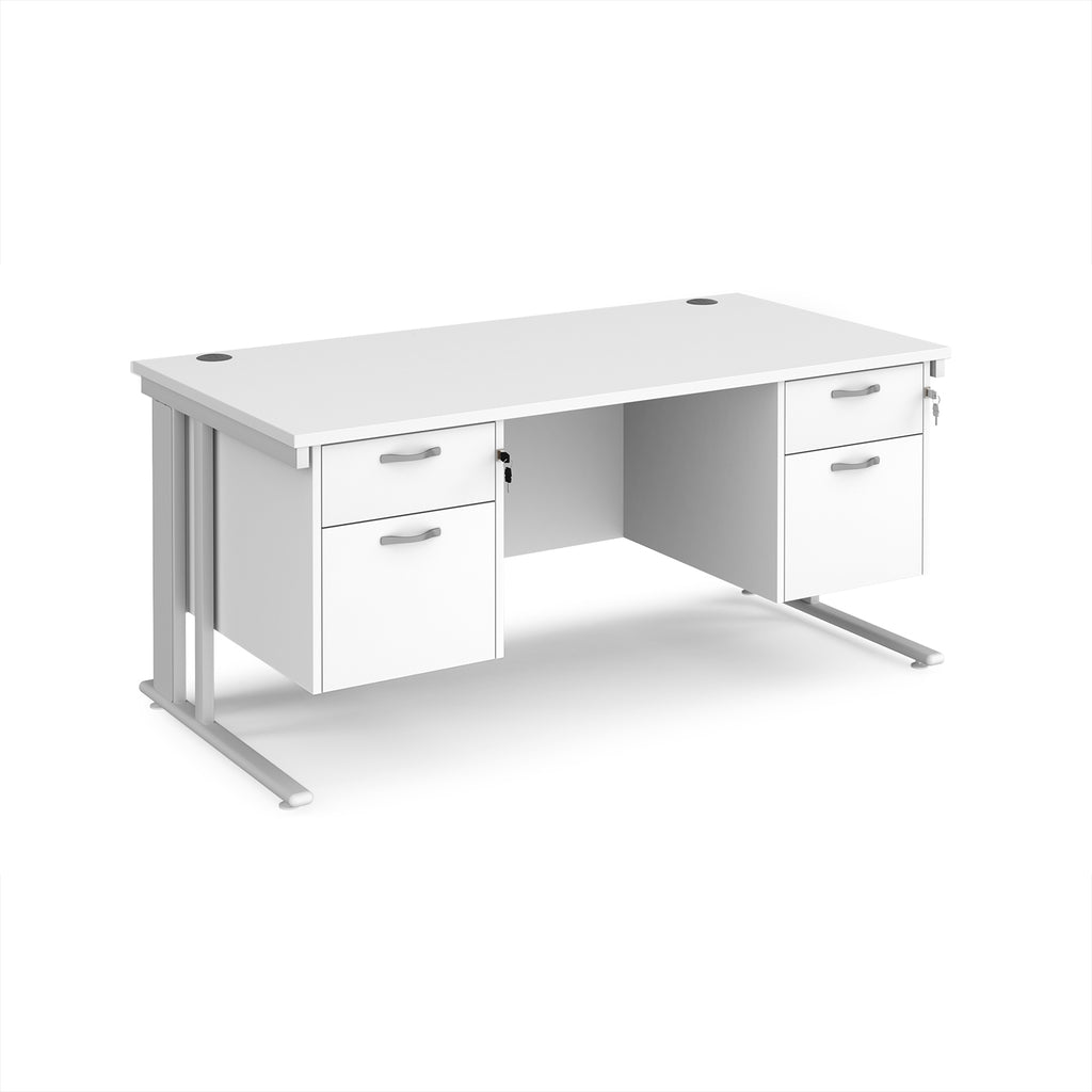 White office desk with two matching pedestals and metal legs on a white background