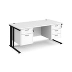 Office desk with white top, two matching pedestals and black metal legs on a white background