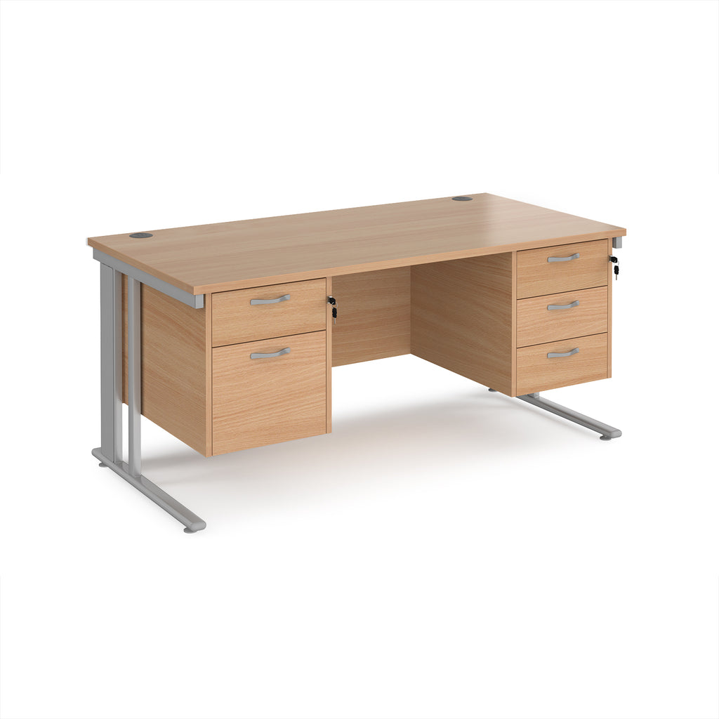 Office desk with wood-effect top, two matching pedestals and silver metal legs on a white background